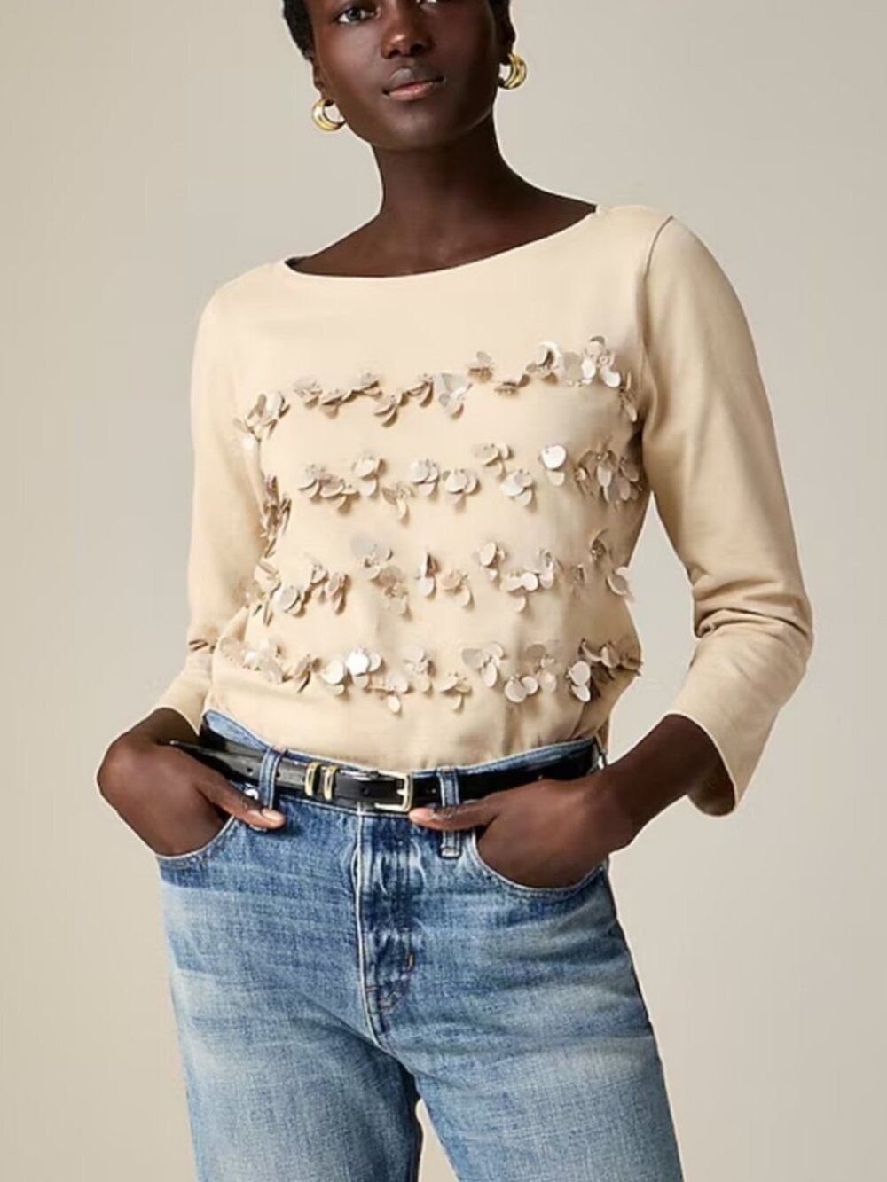 NEW J Crew Mariner Jersey Long Sleeve Tee Floral Embellished Light Khaki Medium